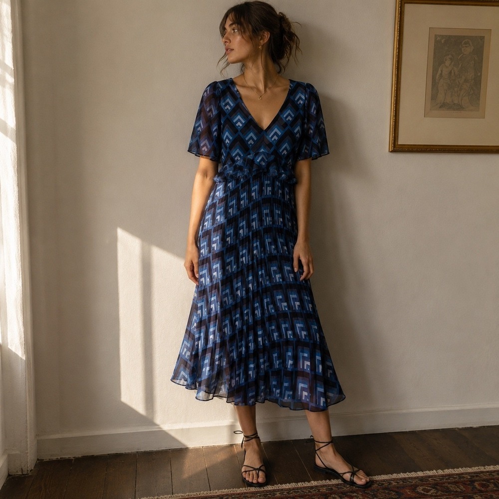 Club Monaco Blue Geometric Chevron Pleated Midi Dress Size 4 Retro Mod